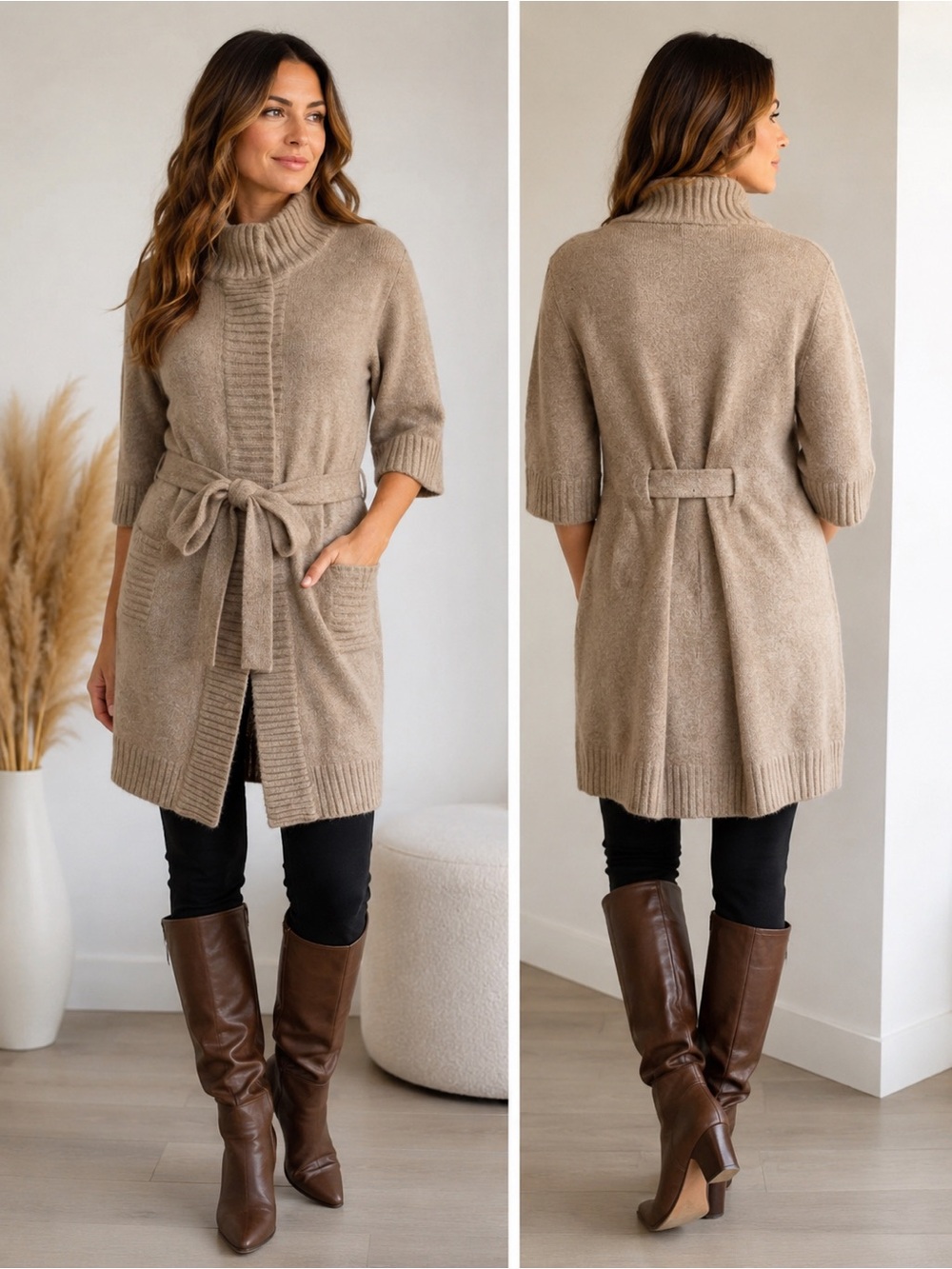 BCBGMAXAZRIA Angora Blend Belted Sweater Coat Cardigan Beige Tan High Neck Size